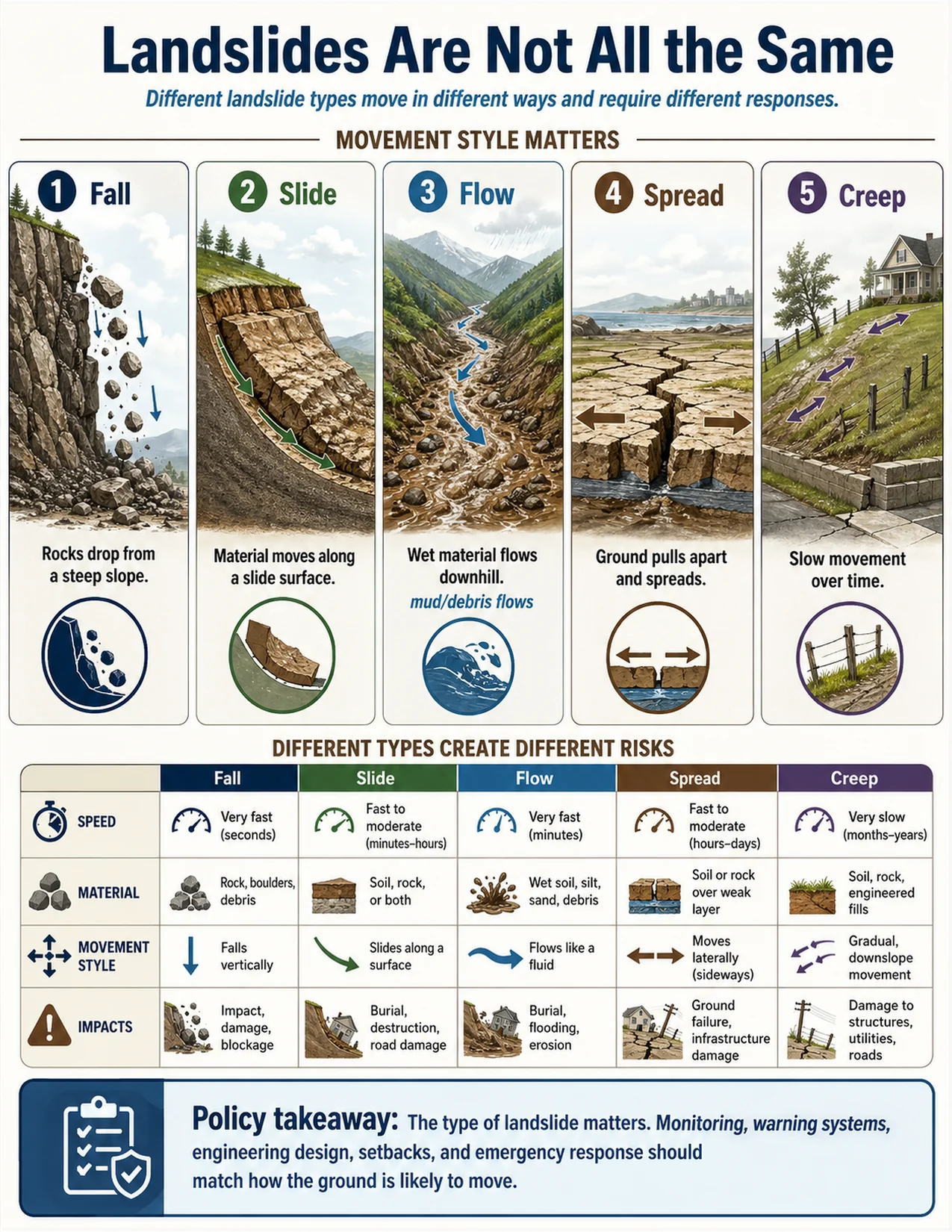 Comparison of five landslide types: fall, slide, flow, spread, and creep, showing how each type moves and how the risks differ.