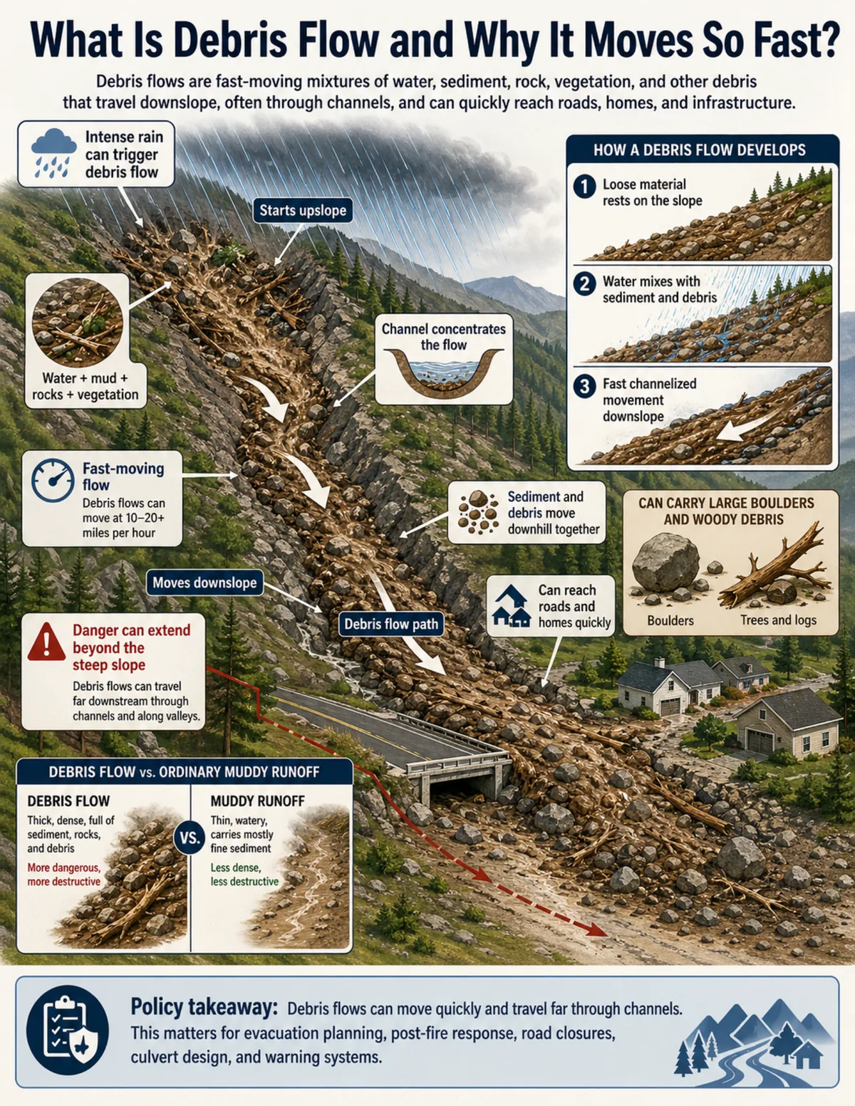 Mountain watershed during intense rain showing a fast-moving debris flow carrying water, mud, rocks, vegetation, and debris downslope through a channel toward roads and homes.