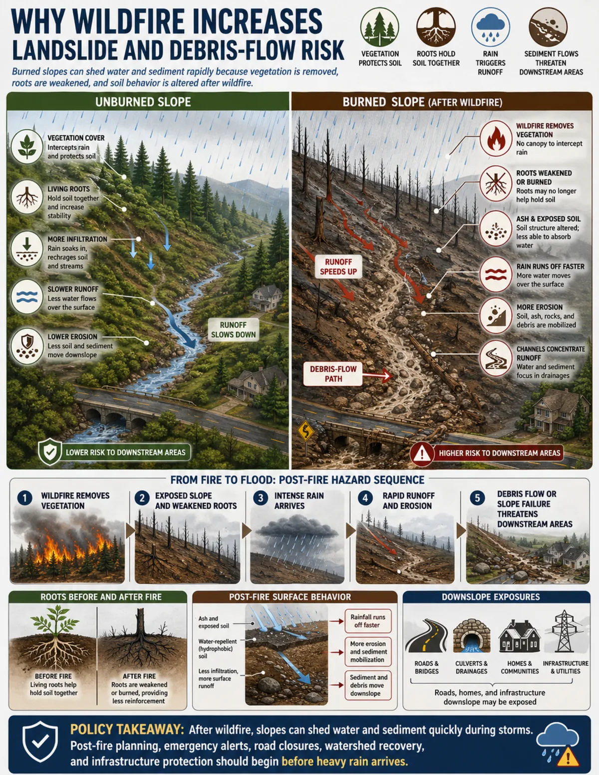 Comparison of an unburned slope and a burned slope after wildfire, showing vegetation loss, weakened roots, faster runoff, erosion, and debris-flow paths toward downstream roads, homes, and infrastructure.