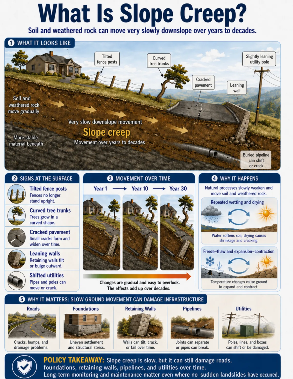 Hillside cross-section showing very slow downslope movement of soil and weathered rock, with tilted fence posts, curved tree trunks, cracked pavement, a leaning wall, and shifted utilities.