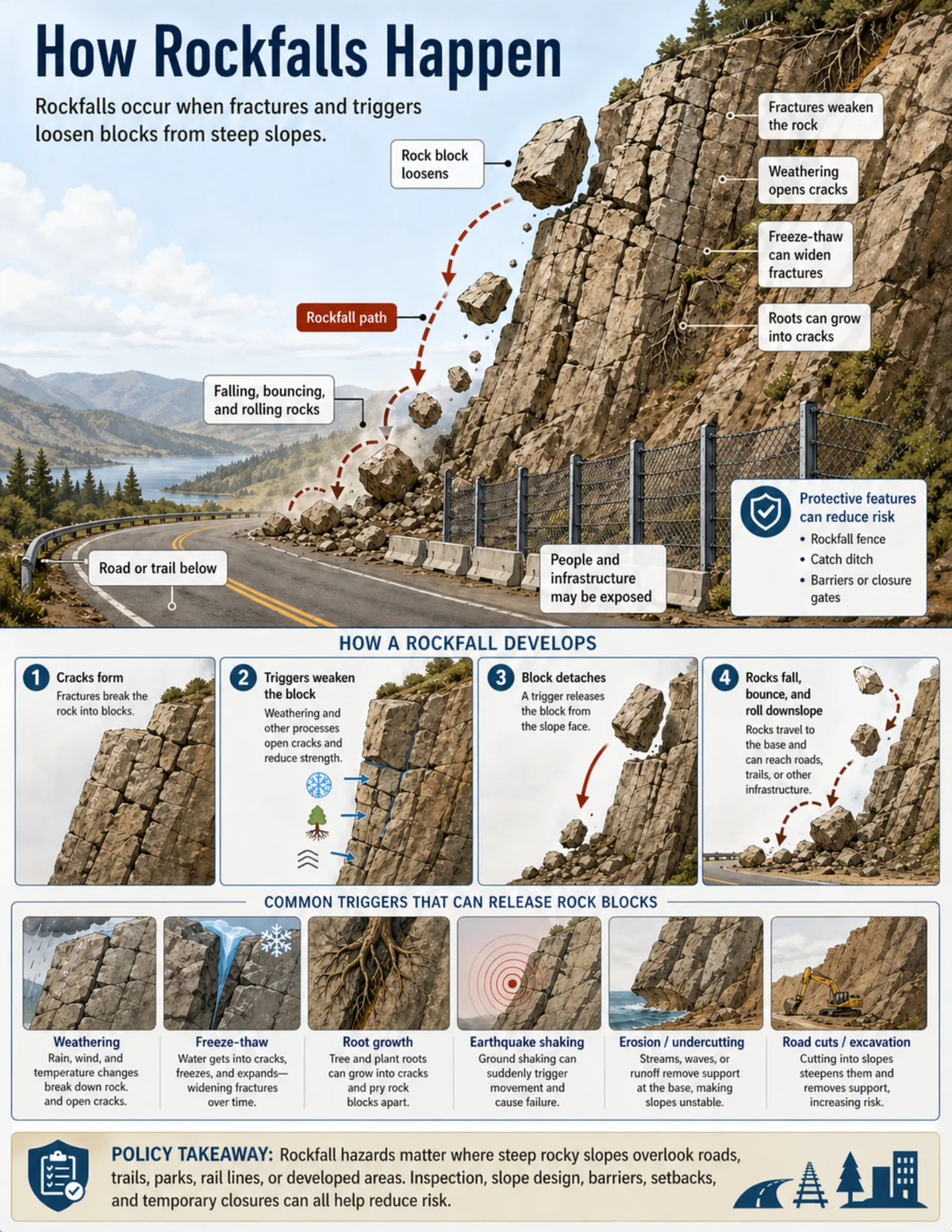 Steep fractured rock slope above a road showing a loosened rock block falling, bouncing, and rolling downslope along a rockfall path.