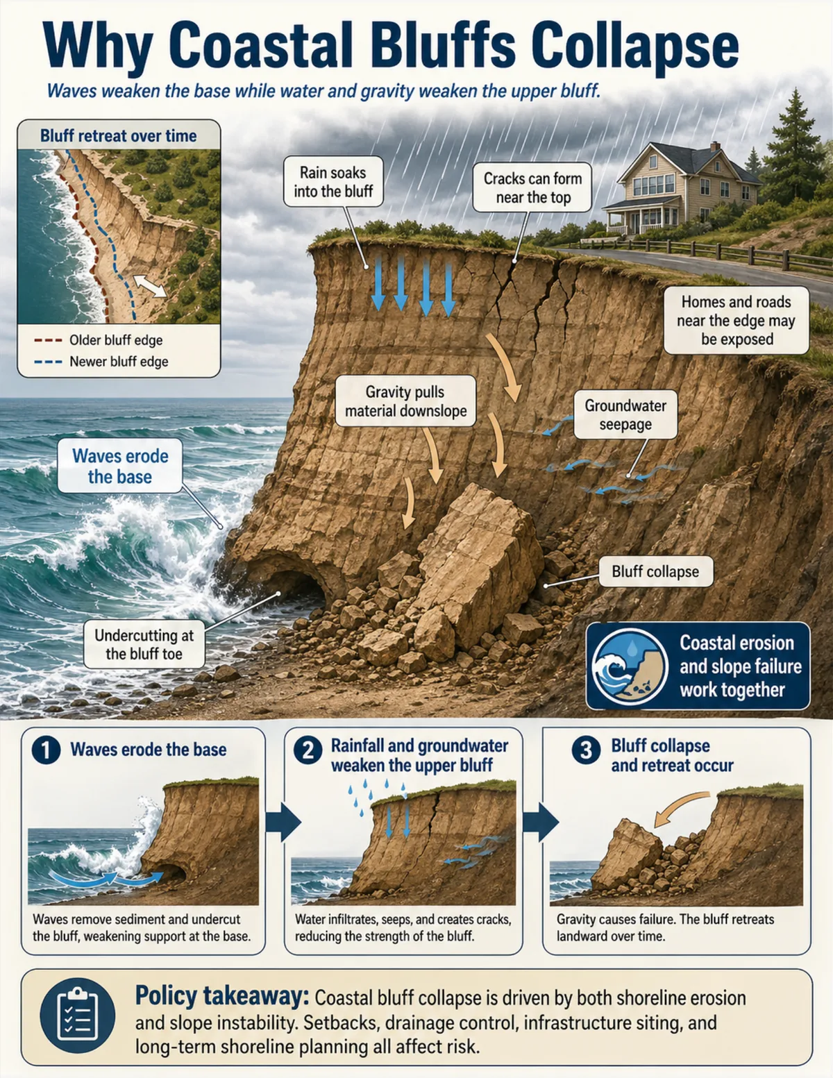 Coastal bluff cross-section showing waves eroding the base, rainfall and groundwater weakening the upper bluff, cracks near the top, and bluff material collapsing toward the beach.