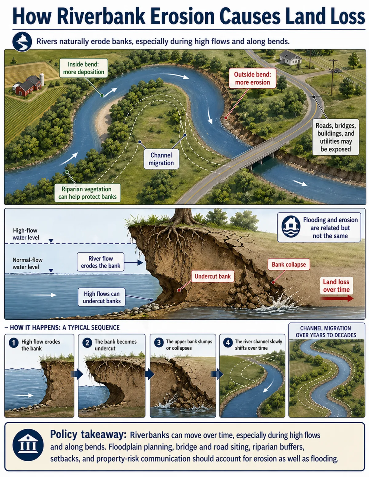 Meandering river and riverbank cross-section showing outside bend erosion, inside bend deposition, high-flow undercutting, bank collapse, channel migration, and nearby exposed infrastructure.