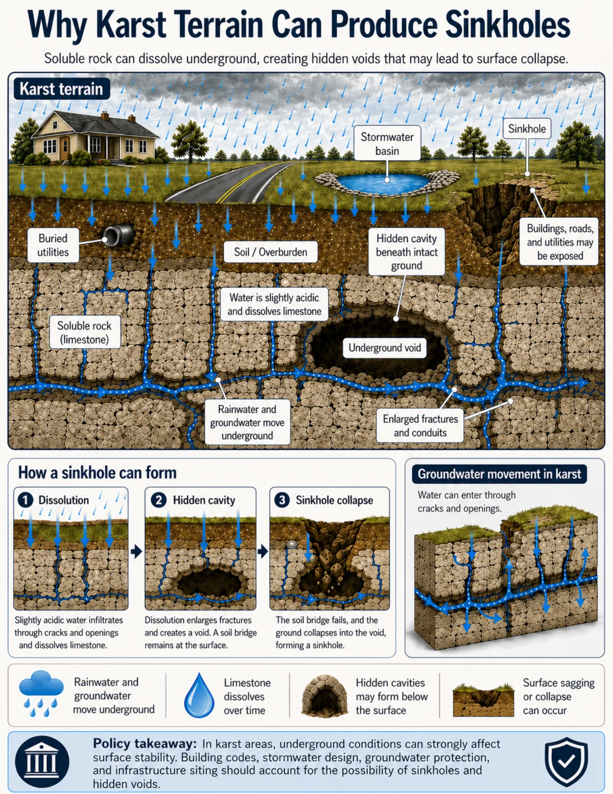 Karst terrain cross-section showing rainwater and groundwater dissolving limestone, enlarged fractures and conduits, an underground void, a hidden cavity, and a sinkhole near buildings, roads, and buried utilities.
