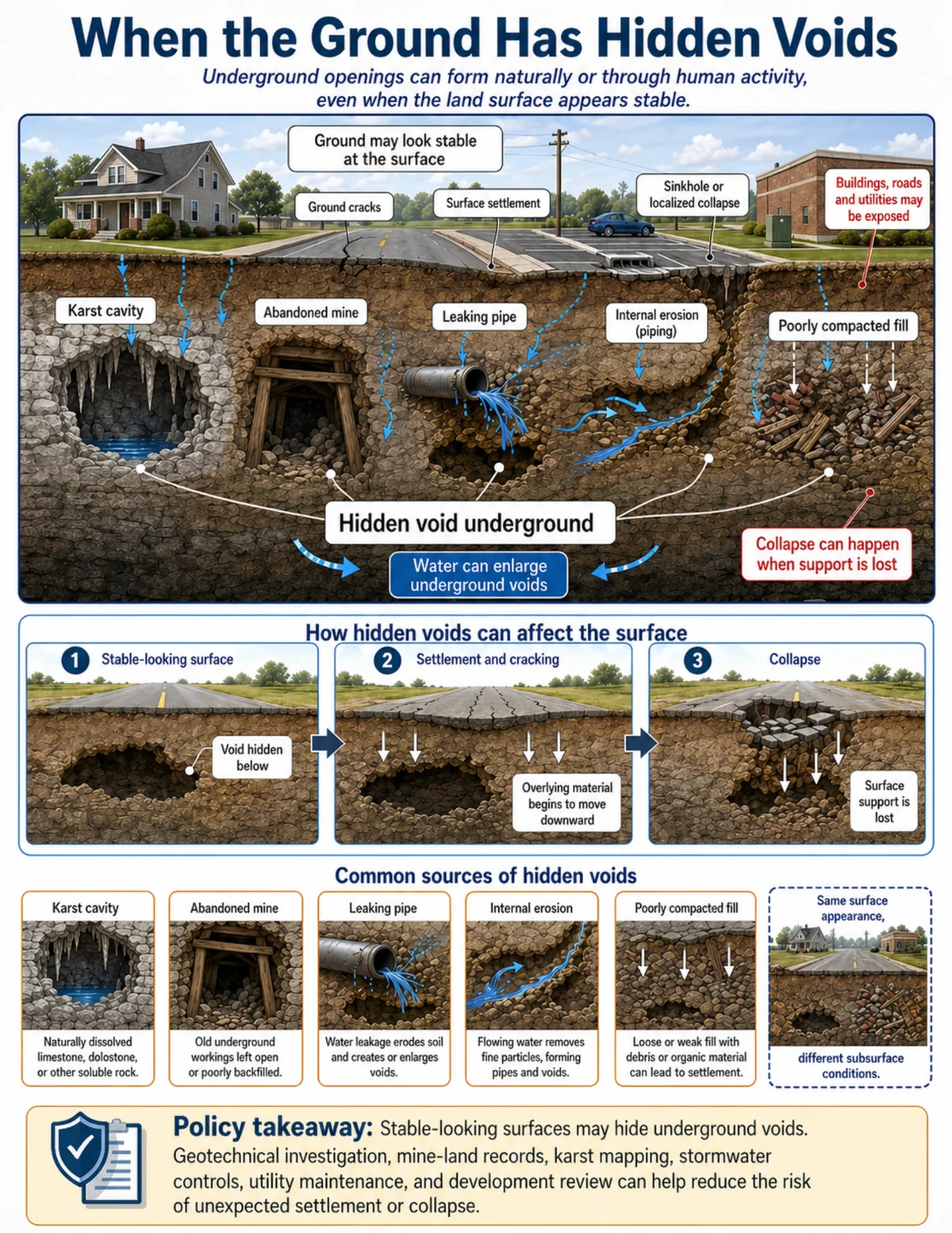 Cross-section infographic showing hidden underground voids below a stable-looking surface, including karst cavities, abandoned mines, leaking pipes, internal erosion, and poorly compacted fill.