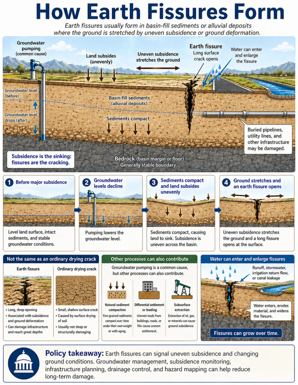 Infographic showing how groundwater decline, sediment compaction, uneven subsidence, and ground stretching can open long earth fissures in basin-fill sediments.