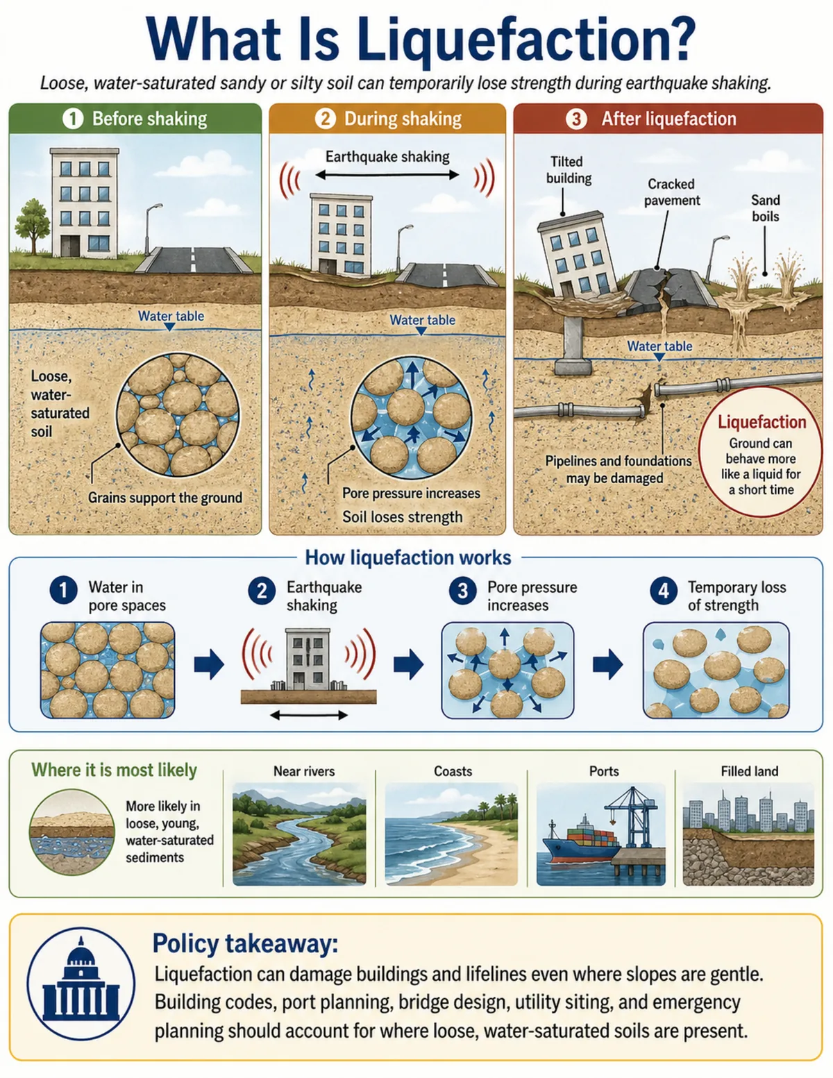Infographic showing liquefaction before, during, and after earthquake shaking, with loose water-saturated soil, increased pore pressure, tilted buildings, cracked pavement, sand boils, and damaged pipelines.