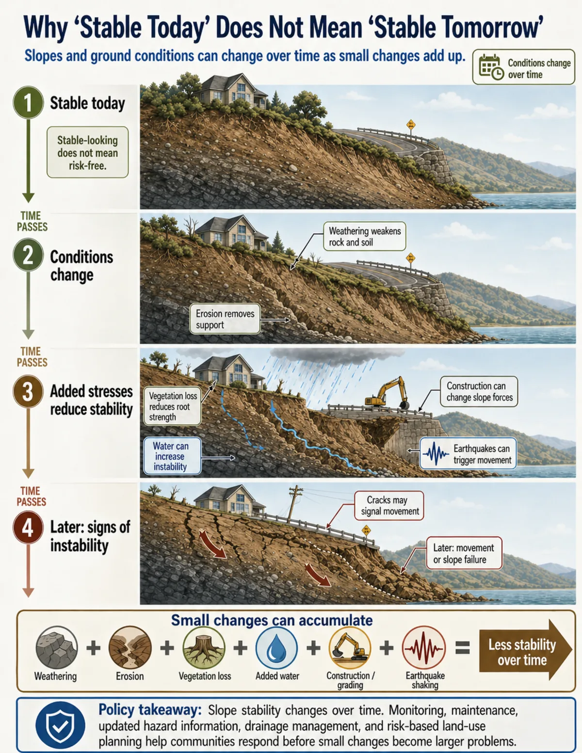 Timeline infographic showing the same developed hillside becoming less stable over time as weathering, erosion, vegetation loss, added water, construction, grading, and earthquake shaking accumulate.