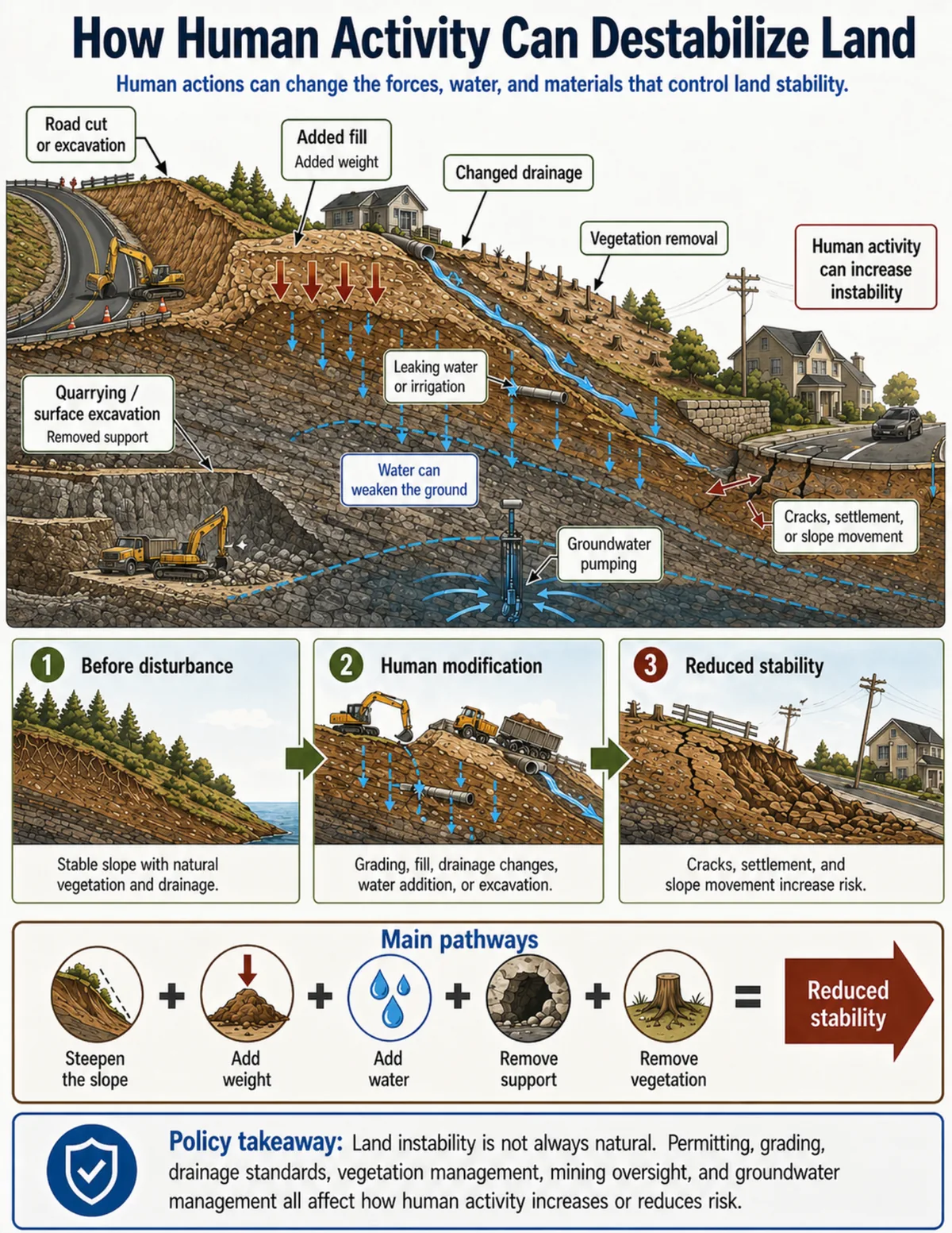 Cross-section infographic showing how road cuts, added fill, changed drainage, vegetation removal, leaking water, surface excavation, and groundwater pumping can reduce land stability.