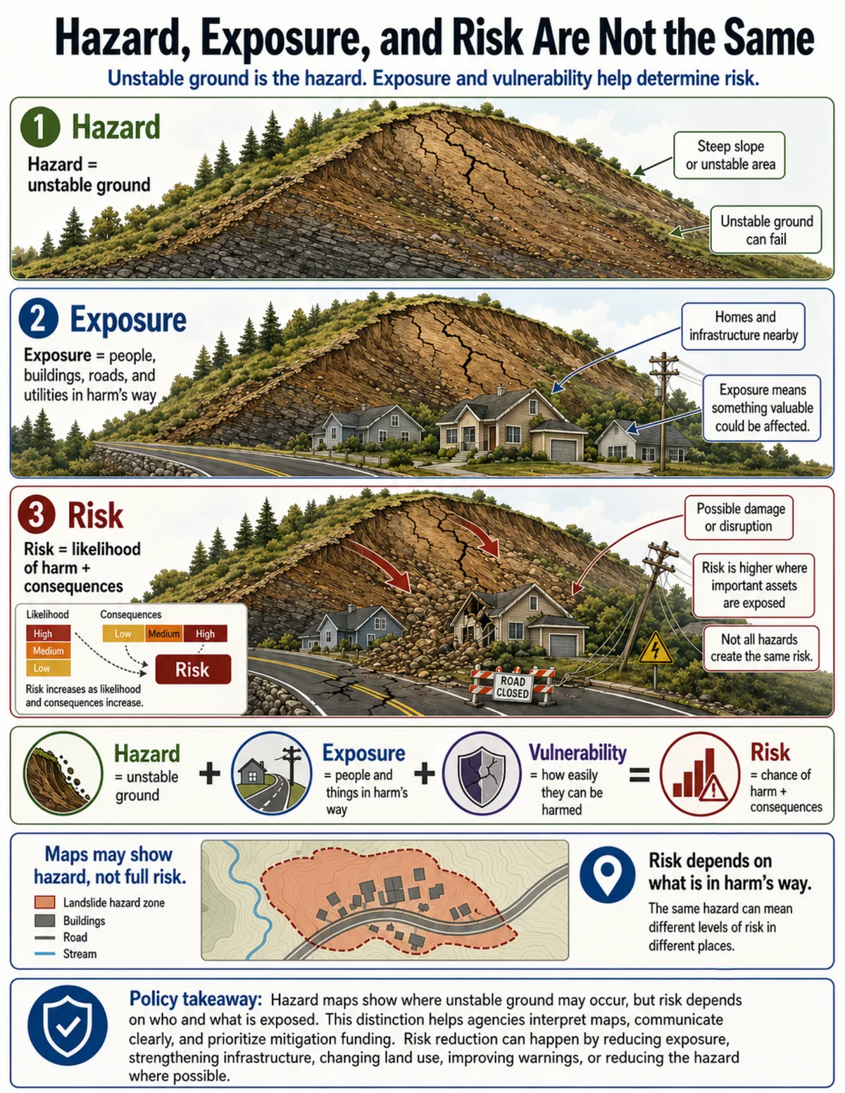 Infographic comparing hazard, exposure, and risk using the same unstable slope, first without exposed assets, then with homes and infrastructure, and finally with slope failure causing damage.