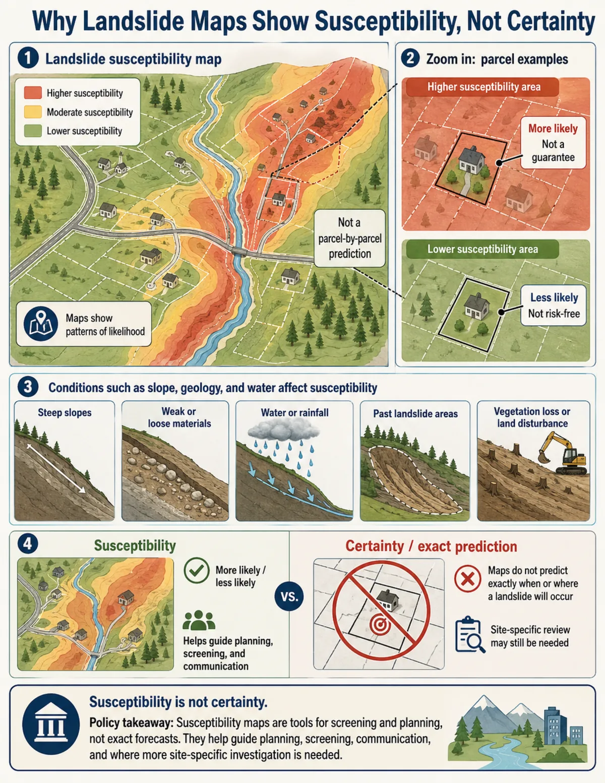 Infographic showing a landslide susceptibility map with lower, moderate, and higher susceptibility zones, parcel examples, contributing factors, and a comparison between susceptibility and exact prediction.