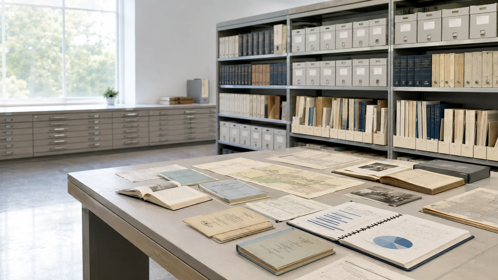 Bright, organized archive reading room