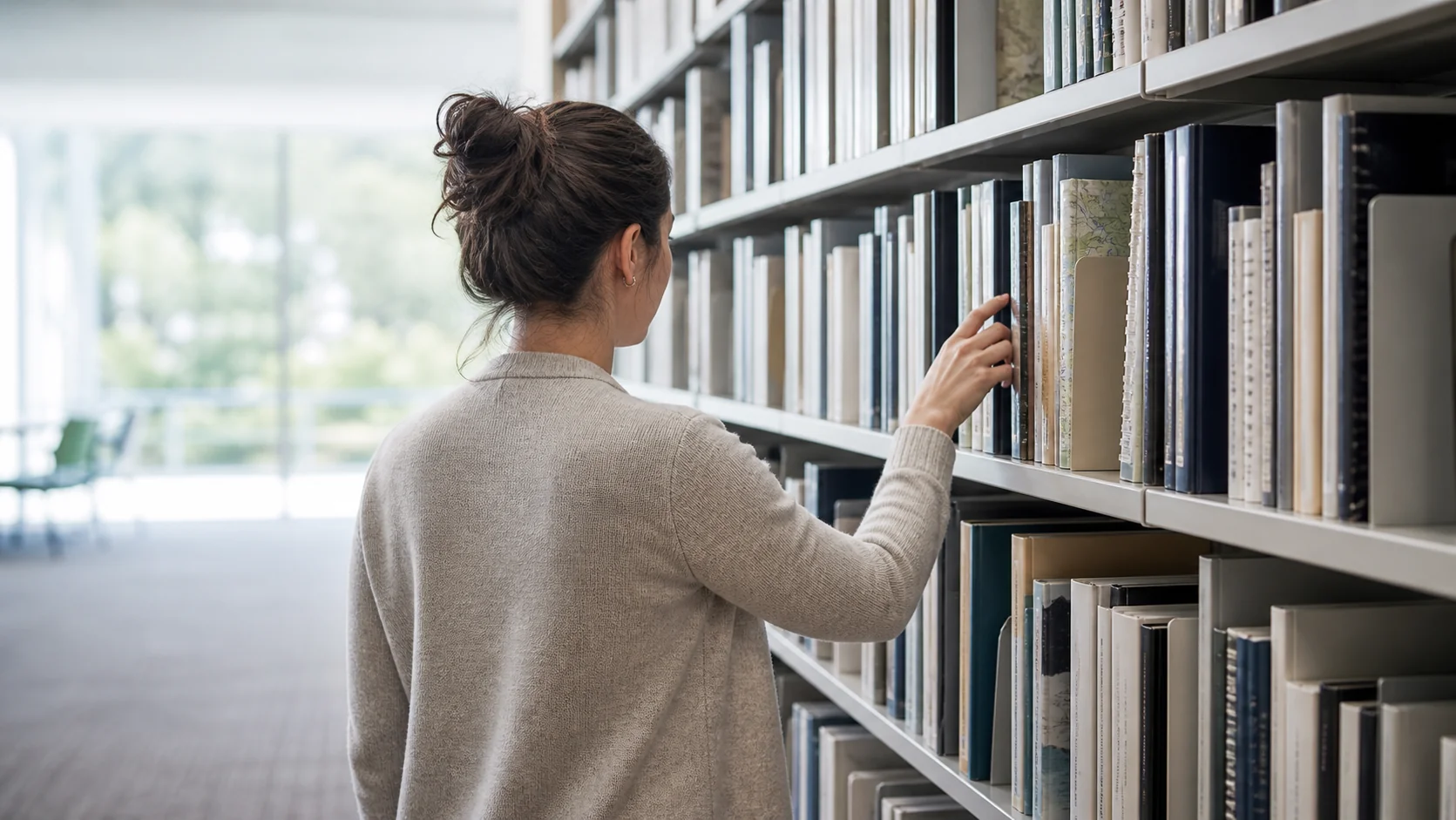 A woman browsing a stack of books on shelves.