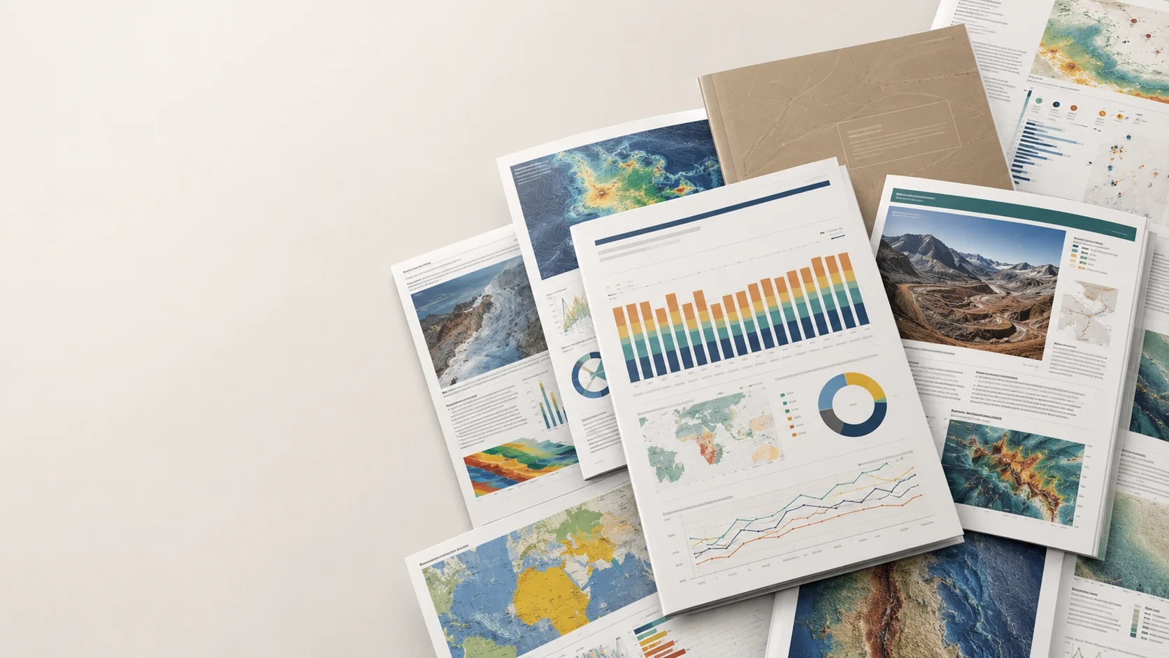 A set of colorful data briefs depicting maps, charts and visuals.