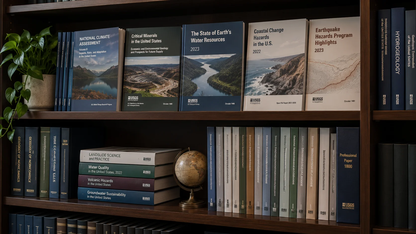 Reports on a bookshelf.