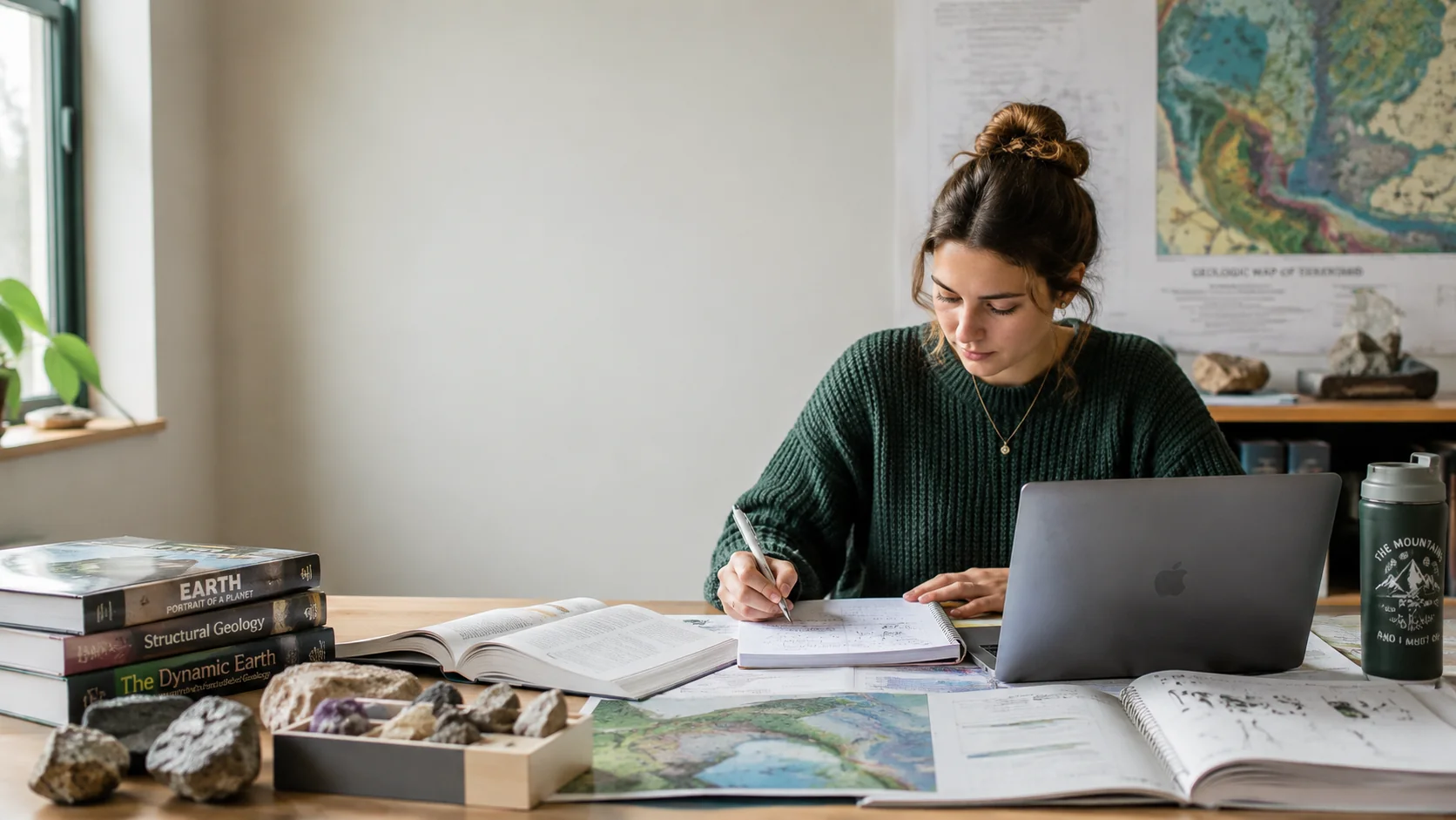 Geoscience student studying and doing homework.