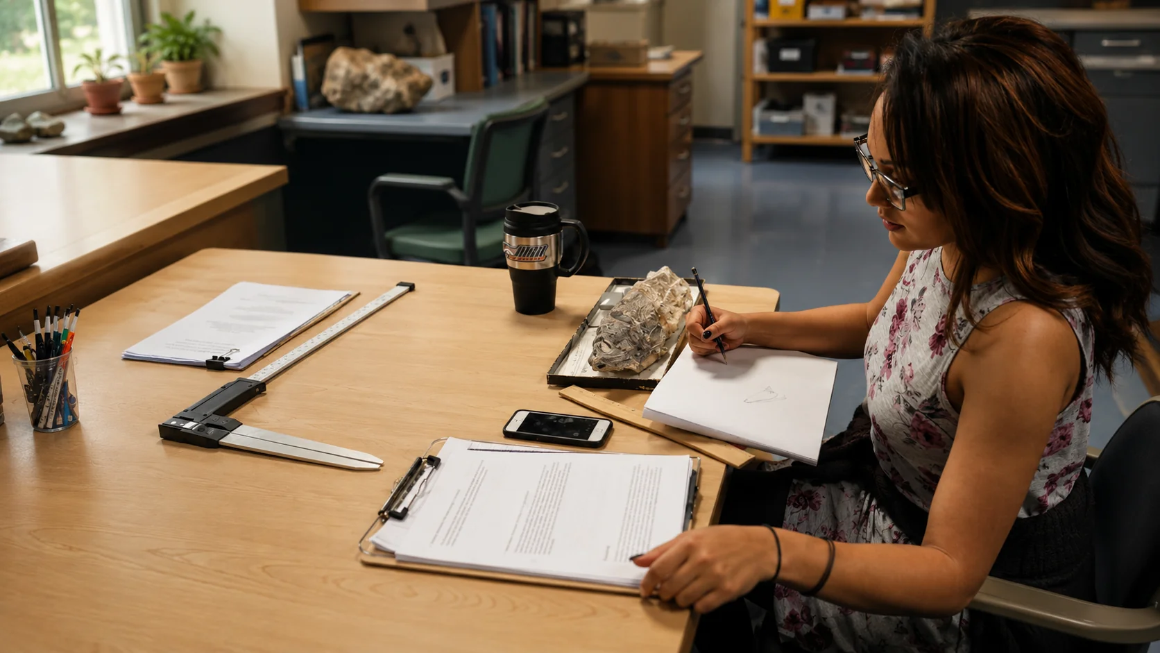 Geoscientist in a paleontology lab describing a fossil specimen.