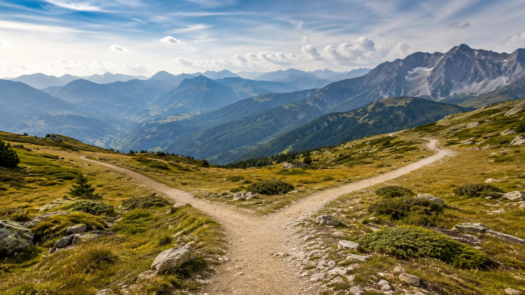 Mountain landscape with diverging path.