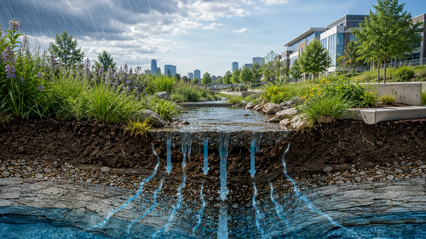 A illustration showing water recharging an aquifer from a stream.