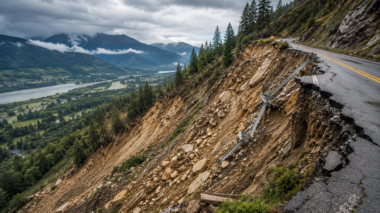 A illustration showing a landslide eroding a road.