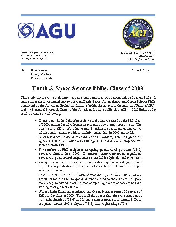 2003 Report on Earth and Space Science Ph.Ds