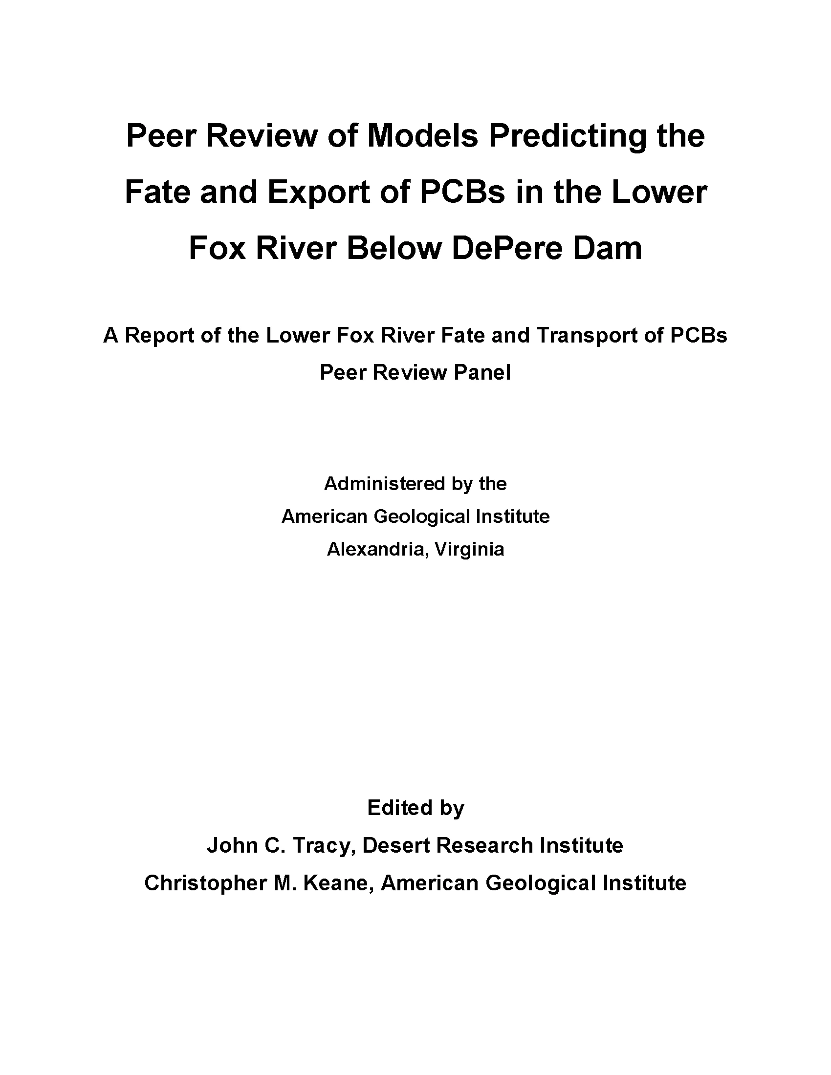Peer Review of Models Predicting the Fate and Export of PCBs in the Lower Fox River Below DePere Dam
