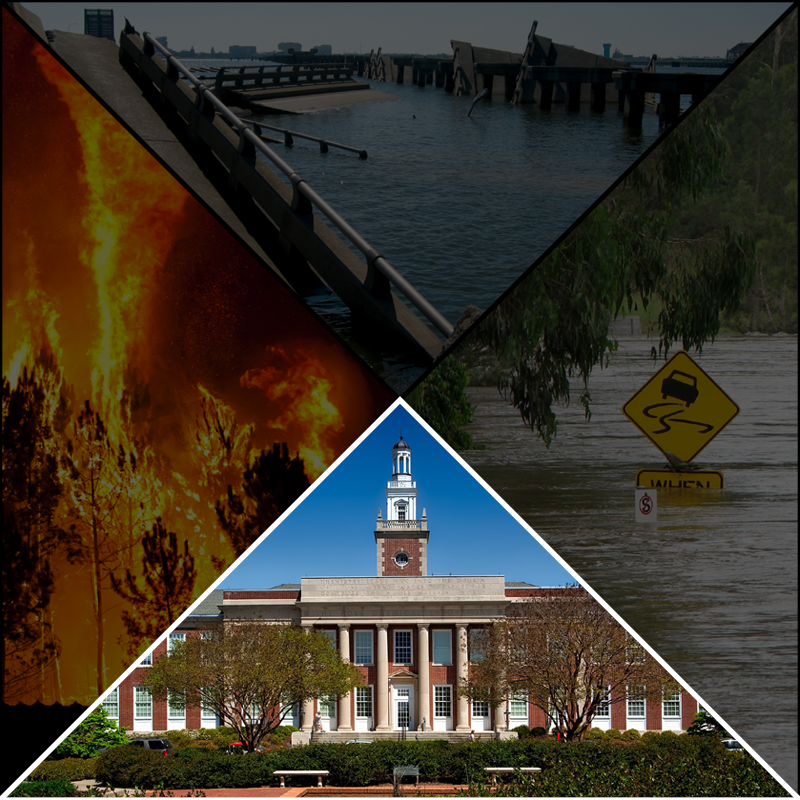 Collage of fire, flood, and storm damage with a college building in the foreground.